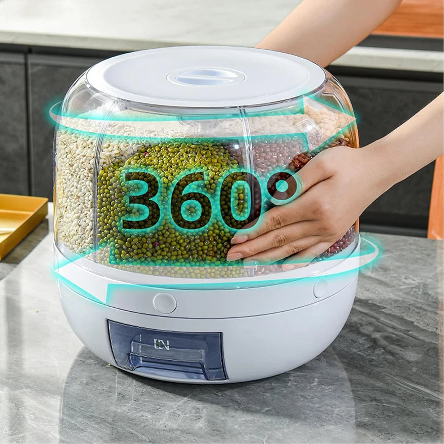 Dispensador Giratorio de Granos 360° – Organizador Hermético con 6 Compartimentos y Extracción Automática