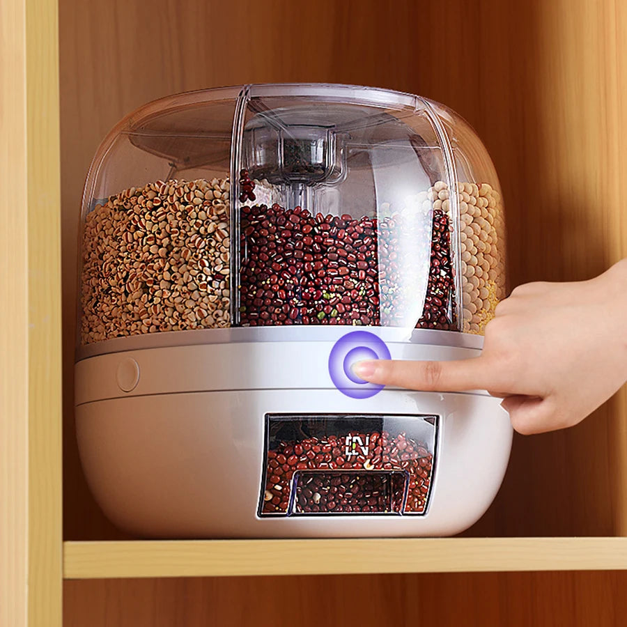 Dispensador Giratorio de Granos 360° – Organizador Hermético con 6 Compartimentos y Extracción Automática
